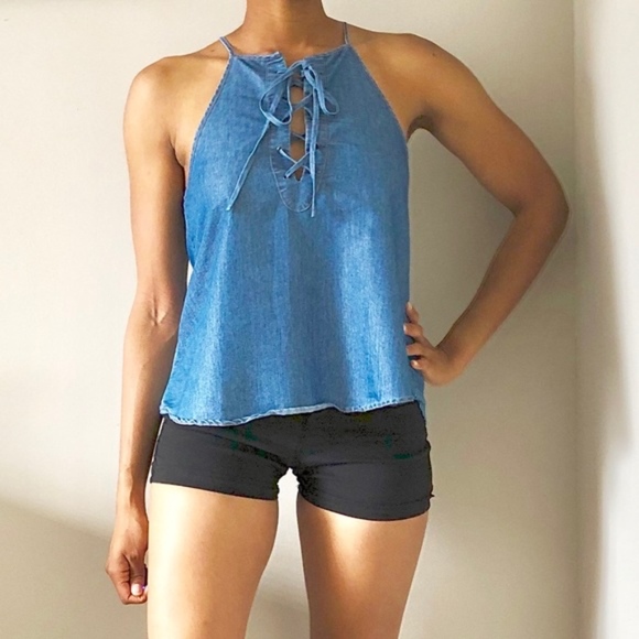 Sleeveless Halter Blue Jean Bow Tie Tank Top - Picture 1 of 8